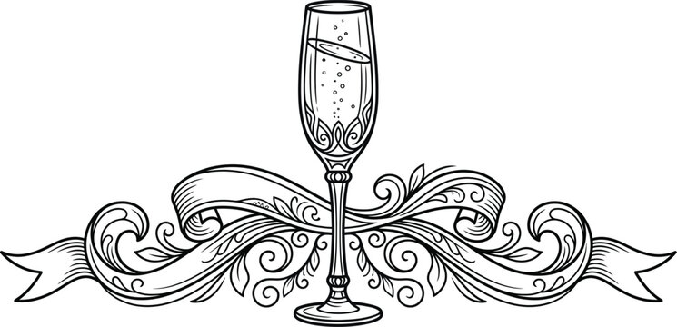 Elegant Hand Drawn Champagne Flute Illustration with Decorative Ribbon Scroll.