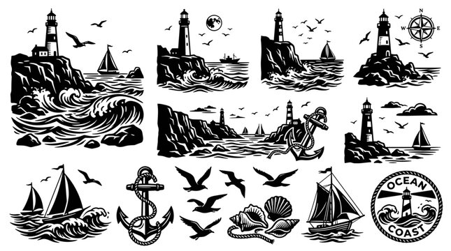 Vintage nautical design elements set, retro lighthouse clip art collection with sailboats, anchors, and seagulls for ocean coast branding