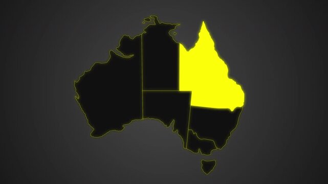 Animated map of Australia highlighting Queensland with a glowing effect on a dark gray gradient background, ideal for geography, news, travel, and infographic projects.