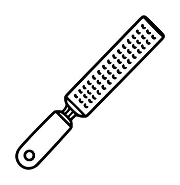 Hand-traced black and white vector illustration of a classic handheld kitchen zester grater with rectangular rasp surface, small teeth, riveted wooden handle, isolated on white background for