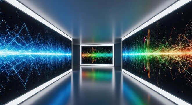 Step into a glowing futuristic passageway lined with vibrant digital screens displaying colorful abstract data in an advanced media tunnel, data, vibrant, cyber