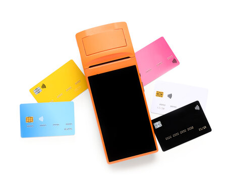 Orange pos terminal with multiple colorful credit cards for modern payment and financial transactions, the cards include