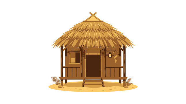 Traditional Tropical Beach Hut with Thatched Roof and Wooden Structure Isolated on White Background