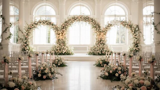 Elegant wedding ceremony setup with floral arches and white chairs in a bright luxurious venue