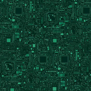 Seamless pattern of green computer motherboard circuits