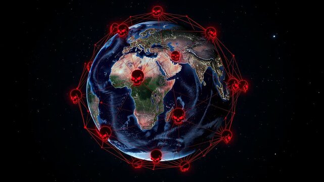 Global digital virus attack concept with red skull icons around Earth representing cyber threats and network danger