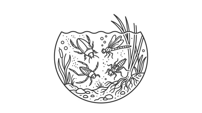 Sleek Black and White of Aquatic Insects and Pond Ecosystem in a Circular Frame with high quality professional line art symbols for modern creative design and digital branding projects