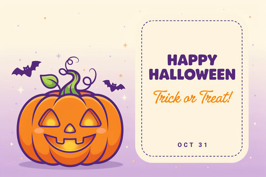 Happy Halloween greeting card with cute jack o lantern pumpkin, trick or treat message on purple background, spooky bats and stars illustration