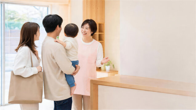 こども誰でも通園制度の初回受け入れで親子を迎える保育士