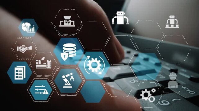Predictive maintenance icons for industry, automation, smart factory and manufacturing showing data analysis, monitoring, robotics and system optimization with advanced maintenance solutions. Funnel
