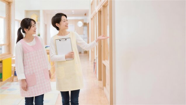 保育士が園内を案内する施設見学