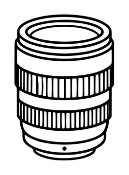 Hand-drawn black and white vector line art illustration of a telephoto camera lens with ribbed focus and zoom rings, isolated icon style for graphic design and photography themes