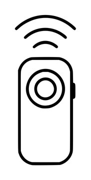 Minimalist black line vector icon of a wireless remote control device emitting signal waves, hand drawn illustration in simple outline style on white background, technology concept