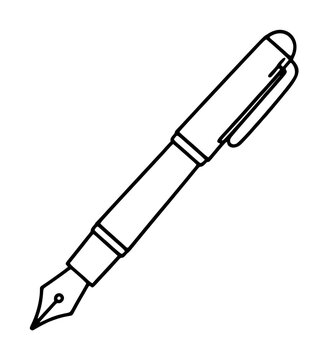Hand-drawn black and white line art vector icon illustration of a classic fountain pen with nib, cap, and pocket clip, drawn in elegant vintage ink sketch style on white background