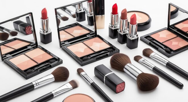 Various high-end cosmetic products including powder palettes, lipstick tubes, and soft brushes neatly arranged on a plain white background, care, powder, makeup