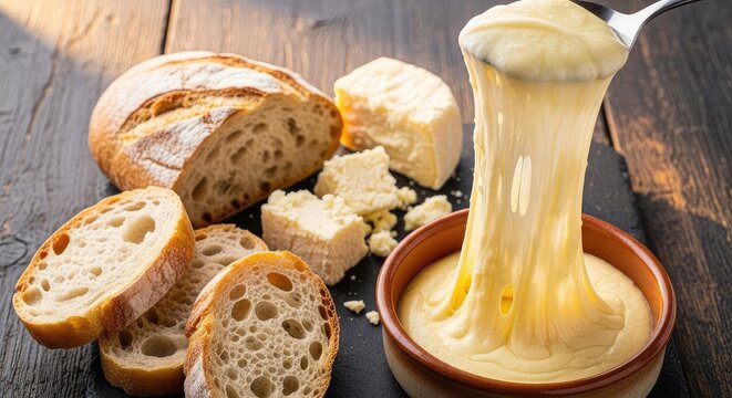 Velvety aligot with long cheese strings served beside crusty bread slices and fresh cheese on a dark rustic wooden table in soft light, gourmet, wood, meal