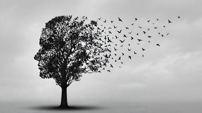 A human head silhouette shaped like a tree with branches and leaves transforming into a flock of birds flying away into a cloudy grey sky
