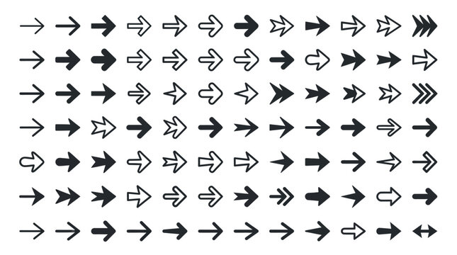 Collection of black arrow icons in various styles and directions.