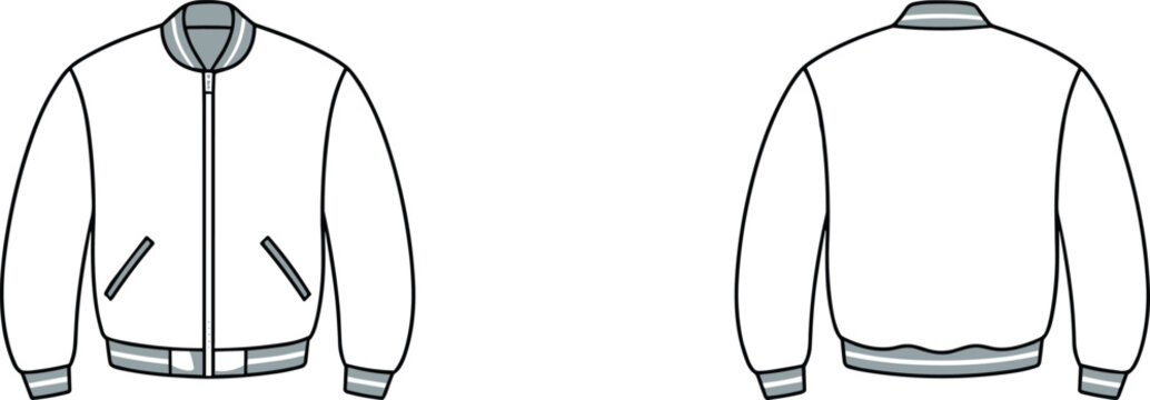 Front and back view of a white bomber jacket with grey striped collar, cuffs, and hem, presented as a flat technical on a white