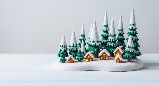 Whimsical winter scene featuring miniature wooden trees, sparkling felt snow, and tiny glowing cabins nestled in a magical fantasy forest, whimsical, miniature, fable
