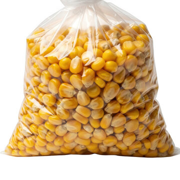 Bag of yellow corn kernels isolated on transparent background