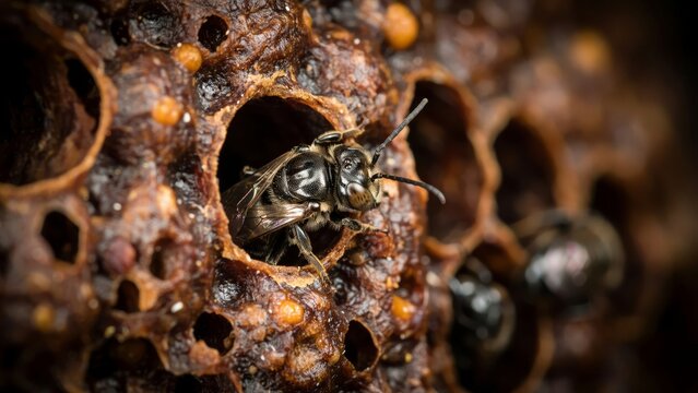 Closeup of a stingless bee emerging from its wax brood cell in a hive