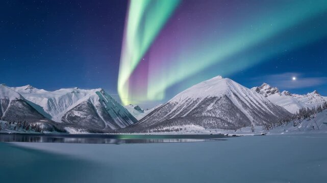 Stunning northern lights over snow-covered mountains and frozen lake under clear starry sky