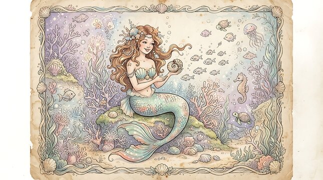 Fair tale mermaid watercolor illustration
