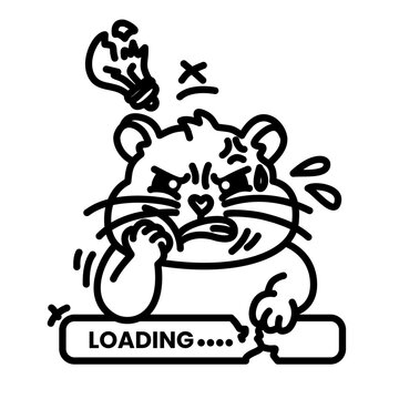 Angry cartoon hamster frustrated with slow loading bar and broken lightbulb idea.