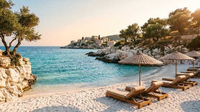 Beautiful Mediterranean beach with sun loungers and umbrellas overlooking crystal clear turquoise water at sunset.