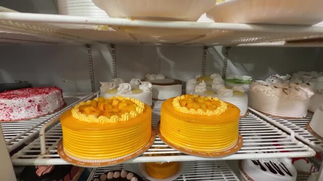 Fresh mango cakes and chocolate drip cakes arranged on wire shelves inside a chilled bakery display refrigerator.