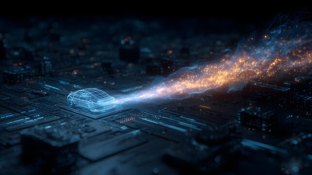 Wireframe Car on Semiconductor Chip with Glowing Energy Stream and Fire Particle Beam for OTA Software Update