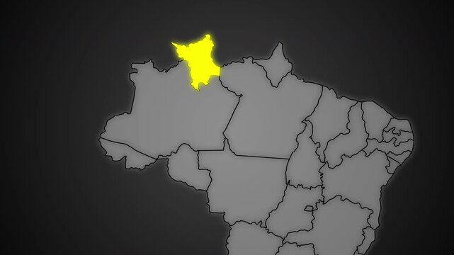 Roraima State Highlighted in Yellow on Brazil Map Dark Background Animation