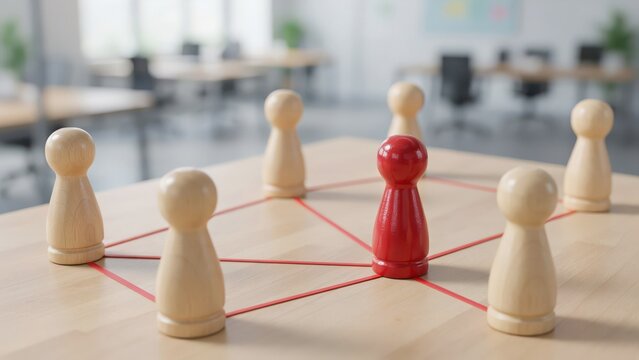 Red pawn connecting with wooden pawns in a network on a table in an office, leadership concept.