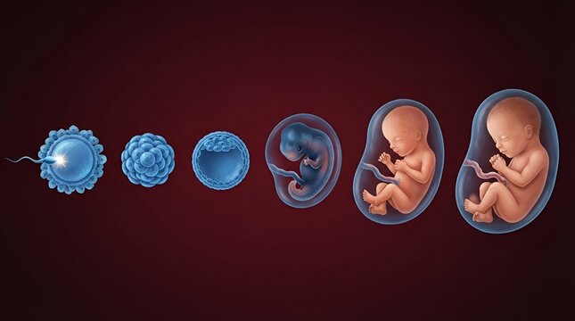 A scientific showing the stages of human embryonic development from fertilization to a fetus against a dark red background color