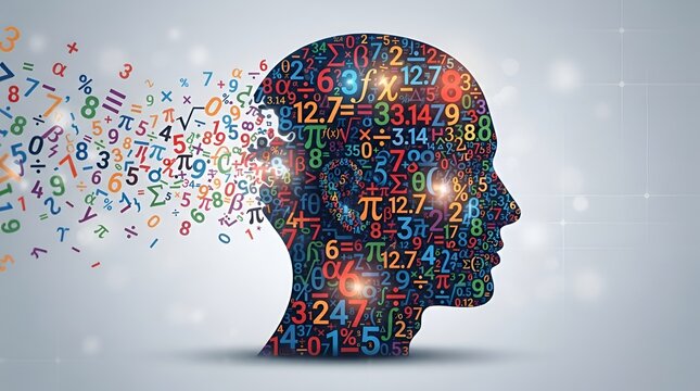 A silhouette of a human head filled with colorful mathematical numbers and symbols with a cloud of numbers dispersing from the back of the head