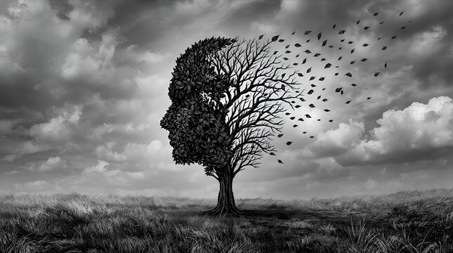 A tree with a human head silhouette losing leaves in a dark stormy landscape representing mental health, memory loss, and cognitive decline