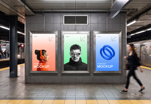 Three Subway Station Billboard Advertising Poster Mockup