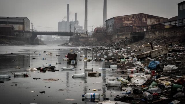 Polluted industrial river with plastic waste and trash littering water and shoreline under gloomy sky
