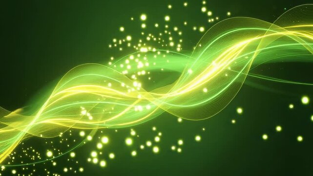 Abstract green and yellow glowing light waves with sparkling particles on dark background