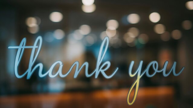 Thank you sign on a glass window with blurred interior background