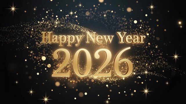 Elegant golden Happy New Year 2026 celebration with sparkling lights and festive glitter on dark background