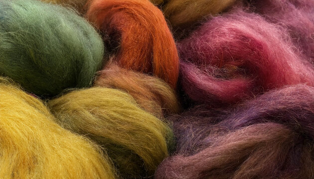 Close up view of colorful raw wool fibers in shades of green, orange, yellow, and purple, soft textured for needle felting crafts