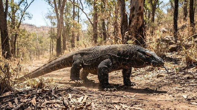 Megalania crawling through forest