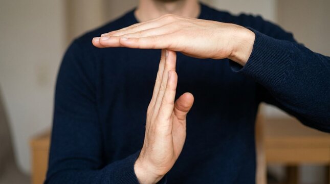 Close-up of a person's hands forming a T-shape timeout gesture in front of their chest, fingers clearly posed, communication concept, indoor setting