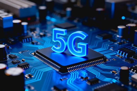 A 5G emblem placed on a semiconductor chip mounted on a blue printed circuit board, representing next-generation wireless communication technology.