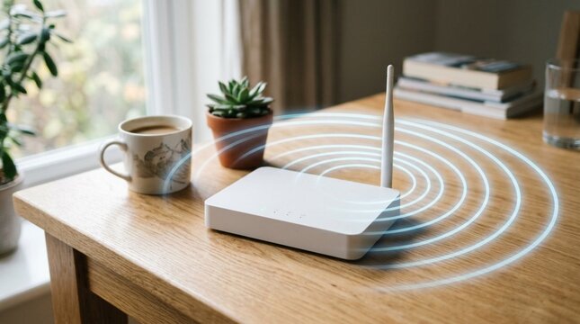 White rectangular Wi-Fi router on wooden desk emitting pale blue concentric signal waves, beside coffee mug, succulent, and books near sunlit window