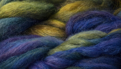 Close up view of soft tangled wool fibers in shades of deep blue, forest green, and golden yellow for textile crafting and fiber arts © Djjsjsk