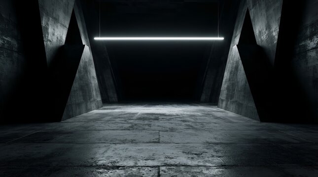 Empty industrial space with rough concrete walls and floor featuring a single bright horizontal neon light fixture hanging from the ceiling