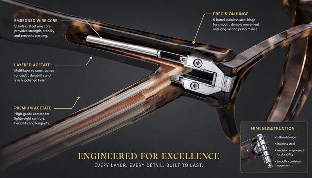 Close up of tortoise shell acetate eyeglasses frame showing internal metal hinge construction and wire core with descriptive text labels